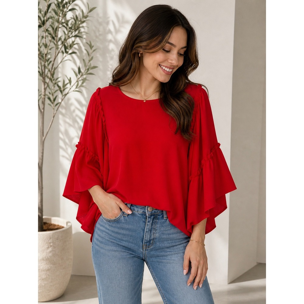 NWOT Jess Lea Womens Red Ruffle Tiered Bell Sleeve Blouse Size XL Crepe Top